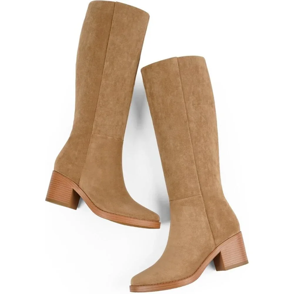 Women's Suede Camel Chunky Heel Round Zipper Winter Dress Tall Knee High Boots